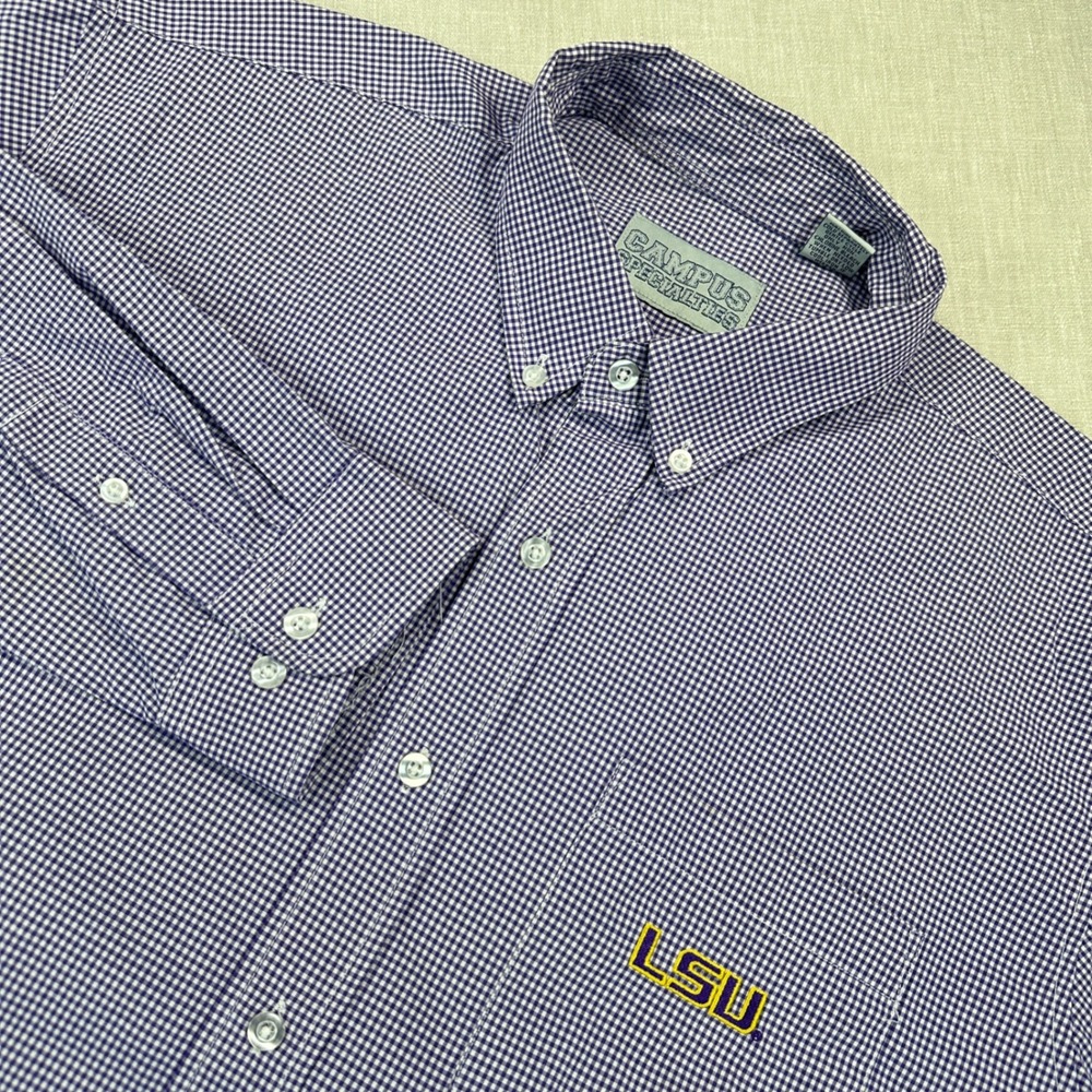 LSU Tigers Button Down Shirt Mens L Purple Gingham Football Campus Specialties